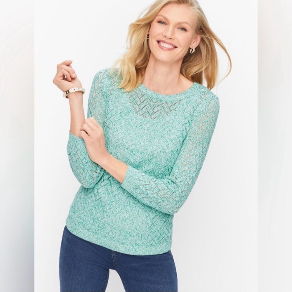 Talbots Cotton Linen Pointelle‎ Mint Green Knit Sweater size Medium